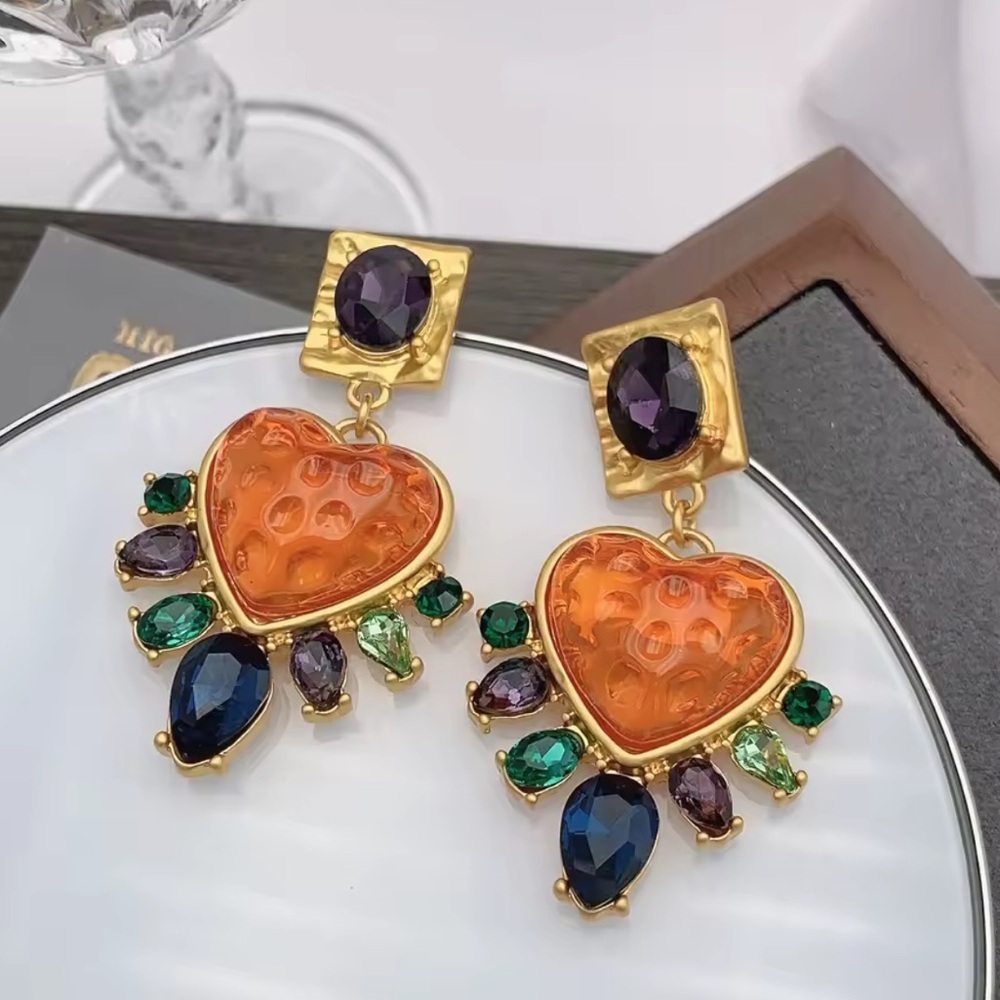 Orange Heart Gem Drop Earrings Colorful Statement Jewelry with Multicolor Stones